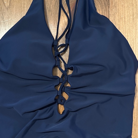 Aerie Lace Up Deep Plunge Low Back Halter Navy Blue One Piece Swimsuit - Picture 2 of 8